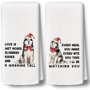 Christmas Dog Kitchen Towels Decor Set of 2 - Funny Husky Dog Xmas Holiday Hand Tea Towels, Retro Funny Puppy Gifts Christmas Dish Towel Dishcloths Decorations for Home Kitchen, 16"x24"