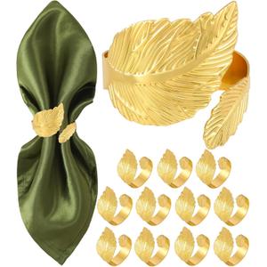 Gold Napkin Rings, Shiny Metal Napkin Rings Set of 12, Study Leaf Shaped Table Decor, Stylish Fall Napkin Ring Bulk for Christmas, Easter, Wedding, Party, Elegant Table Settings Gift Ideas (Two Leaves)