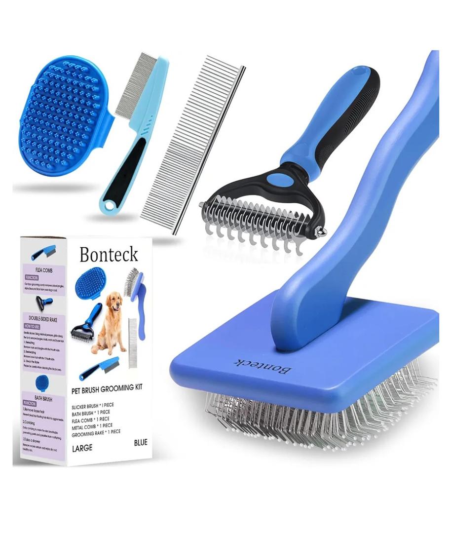 Dog Slicker Brush for Dogs Grooming Kit 4PCS | Large Dog Brush for Goldendoodles Poodles Doodles | Long Pin Haired Brush | Poodle Brushes and Comb (Blue)