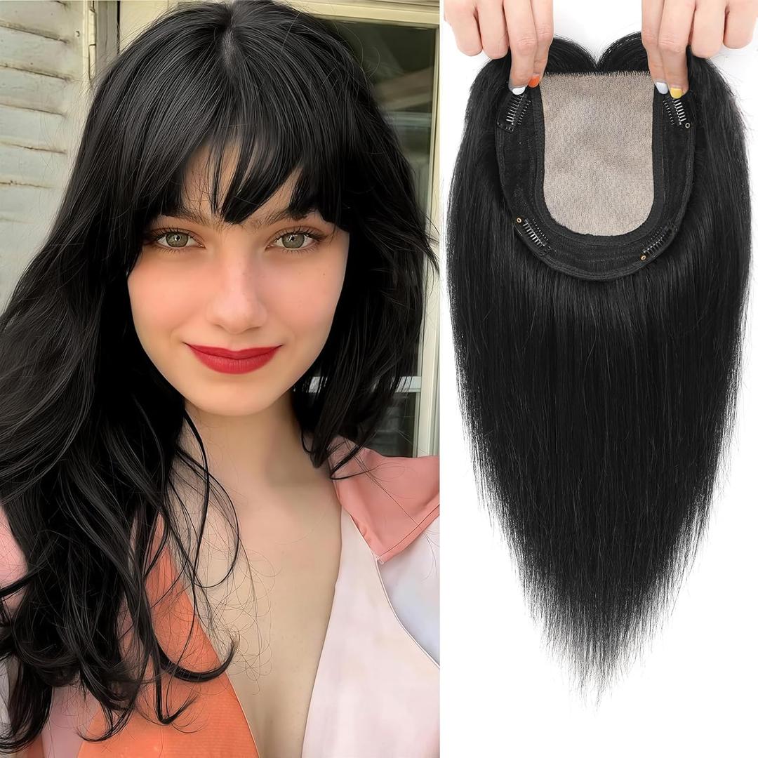 Hair Toppers for Women Real Human Hair, 360 3D Toppers Pieces for Women with Thinning Crown Wispy Bangs 12 Inch Upgrade Big Basement (Black, 12 Inch Wispy Bangs)