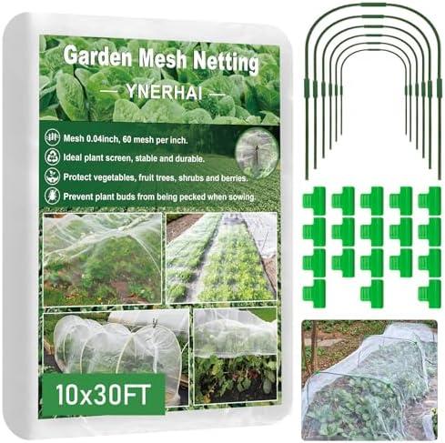 Garden Mesh Netting Kit, 10 * 30FT Ultra Fine Plant Netting Covers with 6 Pcs Garden Hoops & 18 Clips, Row Cover Net Protection for Tree Fruit Barrier Vegetable Fruits Flowers Shrubs Plant Covers Net