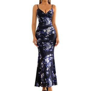 GLNEGE Floral Wedding Guest Maxi Dresses for Women Summer Cocktail Dress | Spaghetti Strap V Neck Mesh Ruched Formal Dress, Bridal Shower Elegant Bodycon Long Dress 2026 (Blue, S)