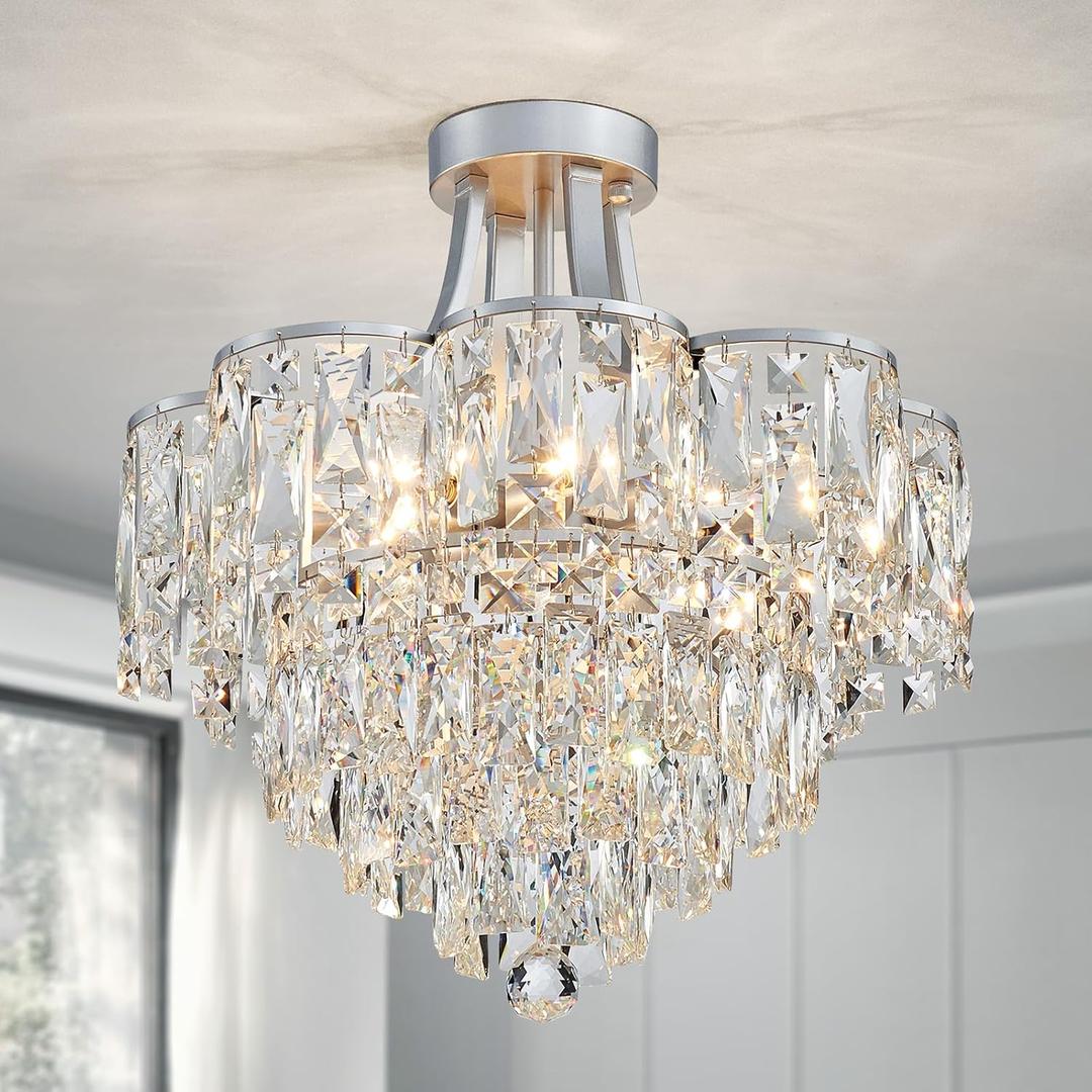 WUZUPS Crystal Chandelier Semi-Flushmount Ceiling Light Modern Lighting Fixture for Bedroom Hallway Entry Kitchen Bathroom, H 19.3" x W 18.3", E12 Base, Silver
