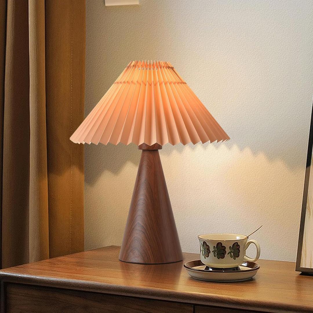 Wood Small Table Lamp, Mini Cute Table Lamp, Pleated Table Lamp,Wooden Grain Bedroom Lamps for Nightstand, Small Scalloped Lamp Shade Table Lamps for Small Spaces for Bedroom,Living Room (Black Walnut)