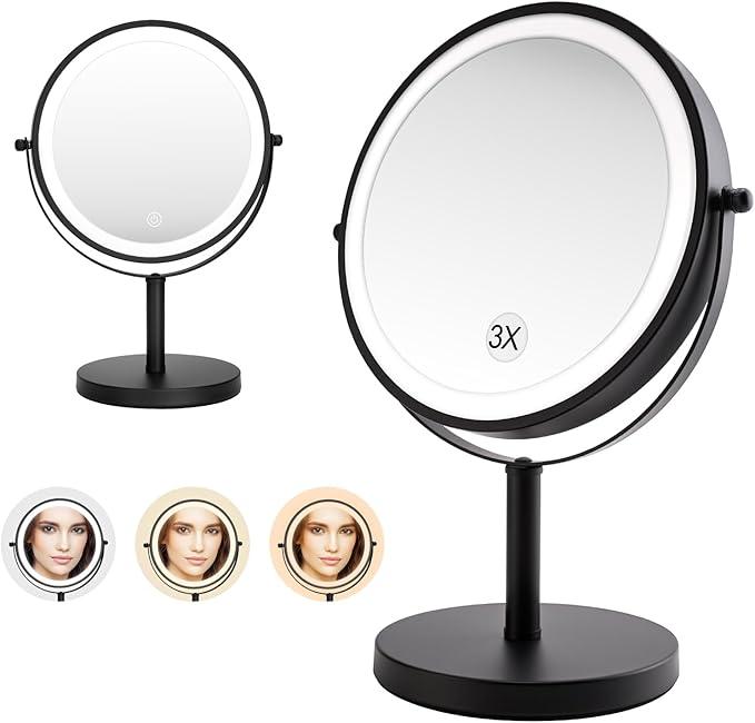 PINCHENG Cosmetic Mirror, LED Tricolor Illumination, Battery Operated, 1X/3X Magnification, with Touch Sensitive Buttons, Multifunction Bathroom Cosmetic Mirror