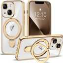 Compatible with iPhone 13 Case with Invisible Magnetic Ring Stand [Compatible with Mag-Safe] [Full Camera Lens Protector] Plating Clear Phone Case for iPhone 13 6.1", Gold