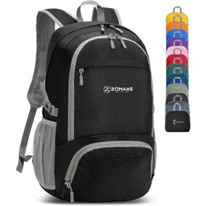 ZOMAKE Lightweight Packable Backpack 30L, Foldable Hiking Backpacks Water Resistant Compact Folding Daypack for Travel(Pure Black) (Medium)