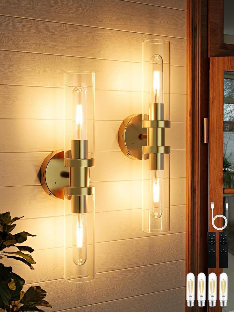 8000mAh Battery Operated Wall Sconce with Remote Control, Gold Rechargeable Wall Sconce with Timer, Dimmable Wireless Sconces Wall Decor Set of 2, Battery Wall Lights for Living Room Bedroom, 3000K (Gold (Clear Lampshades))