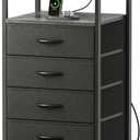 Huuger Night Stand with Charging Station, 4 Drawer Dresser for Bedroom, Bedside Table, 33.9 Inch Tall Nightstand with Open Shelf, End Table, for Closet, Entryway, Bedroooom, Gray