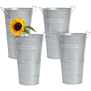 Notakia 12 Inch Large Galvanized Metal Vases Farmhouse French Flower Bucket Vases for Cut Flowers for Home Decor and Wedding Table Centerpiece Decorations (Large Silver Set of 4)