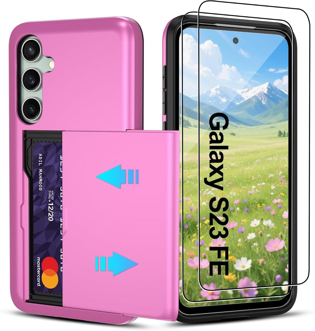 Pilaru Compatible with Samsung Galaxy S23 FE Case with Card Holder Dual Layer Heavy Duty Protective Shockproof Hidden Card Slot Slim Wallet Phone Cover for S23 FE Phone Case (Hot Pink)