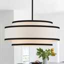 19.7" Black Drum Chandelier with White Linen Lampshade 4-Light Modern Farmhouse Chandelier Light Fixture for Dining Room, Kitchen Island, Foyer Entryway Bedroom