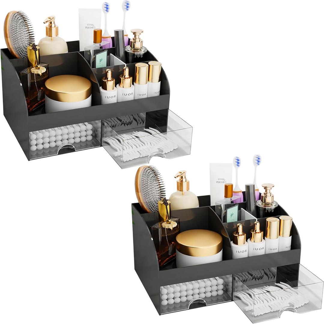 Makeup Organizer with Drawers, Cosmetic Storage for Dresser Vanity and Bathroom Countertop, Beauty Holder for Lipstick Brush, Skincare Organizer for Vanity, Cosmetic Display Case (Black-2Pack)