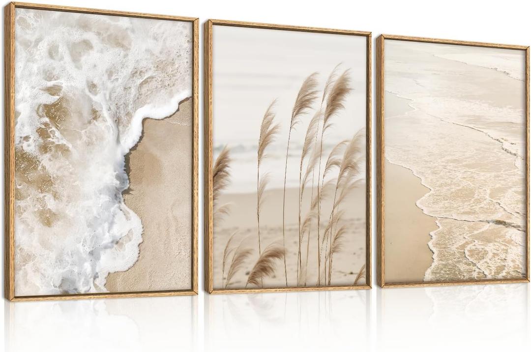 Aurlan Large Beach Wave Pampas Grass Framed Canvas Wall Art Set,Modern Coastal Sandy Grass Wall Decor,Beige Trendy Beach Landscape Artwork for Living Room,Bedroom,Bedroom -24"x36"x3