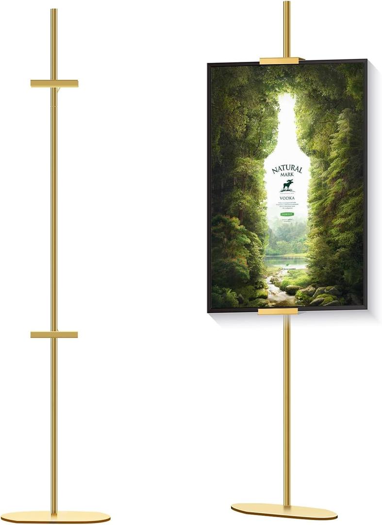 Adjustable Easel Stand for Picture Frames, Holds Frames Up to 64" Tall - Sturdy Metal Floor Easels for Art, Signs, Photos | for Home, Office, Gallery Display (Golden)
