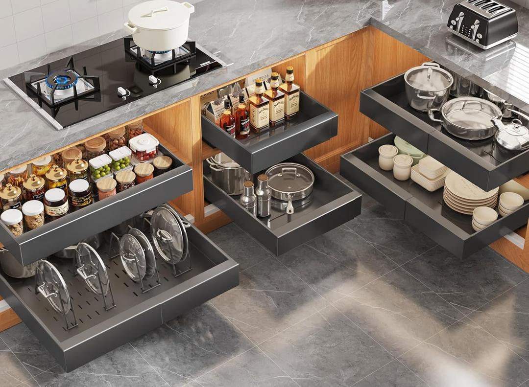 6Pack Expandable Pull Out Cabinet Organizer 21"Deep with Raising Pad for Framed Cabinets,Slide Out Drawers with 4pcs Divider Racks,Roll Out Shelves Adhesive,Adjustable Width 12.05"-20.4"Black