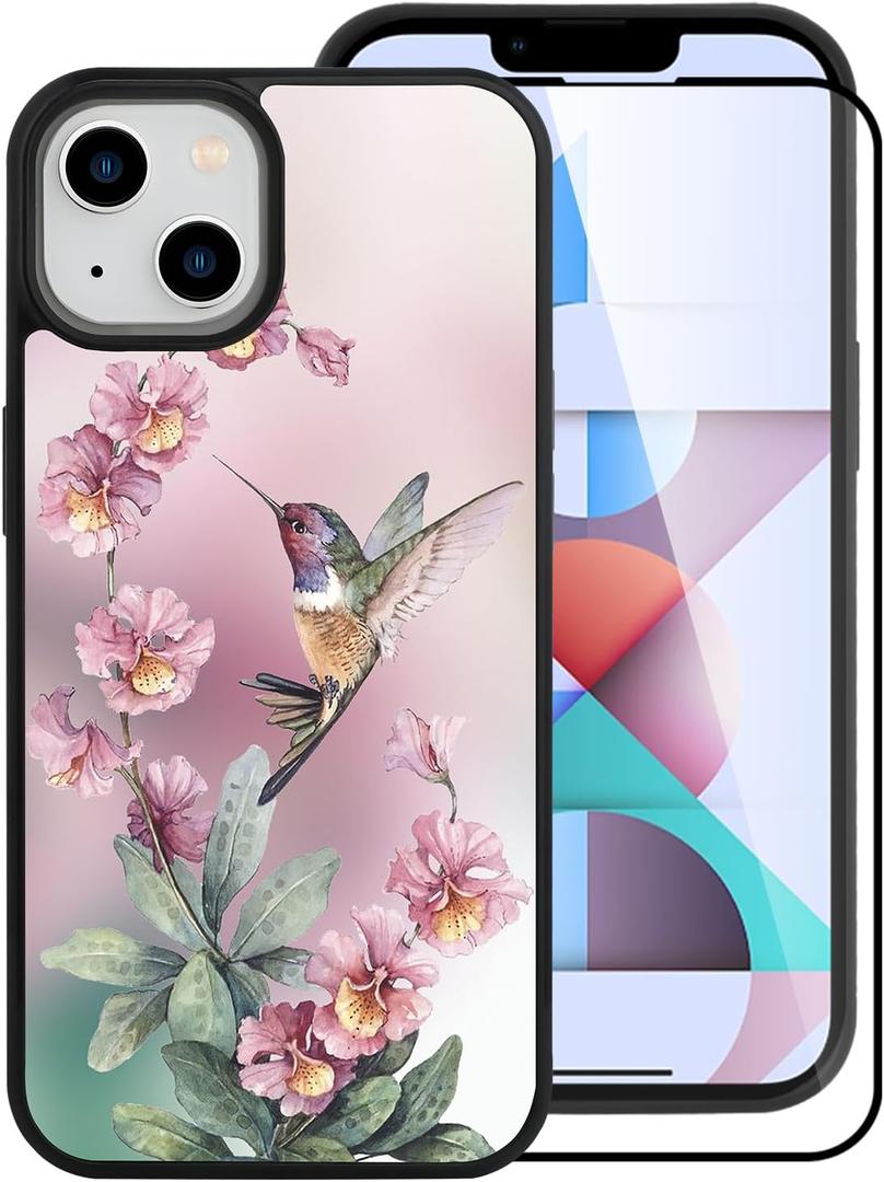 OOK Designed for iPhone 15 Case Built in Screen Protector Cute Blue Floral Flower Design for Women Girls Hard PC Back Anti Slip Shockproof Protective Cover Compatible with iPhone 15 (Hummingbird)