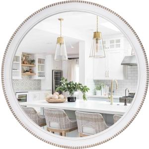 sawsile Round Wood Mirror,28 inch Circle Rustic Farmhouse White Wooden Frame Boho Beads Wall Mirror for Bathroom,Living Room,Bedroom or Entryway