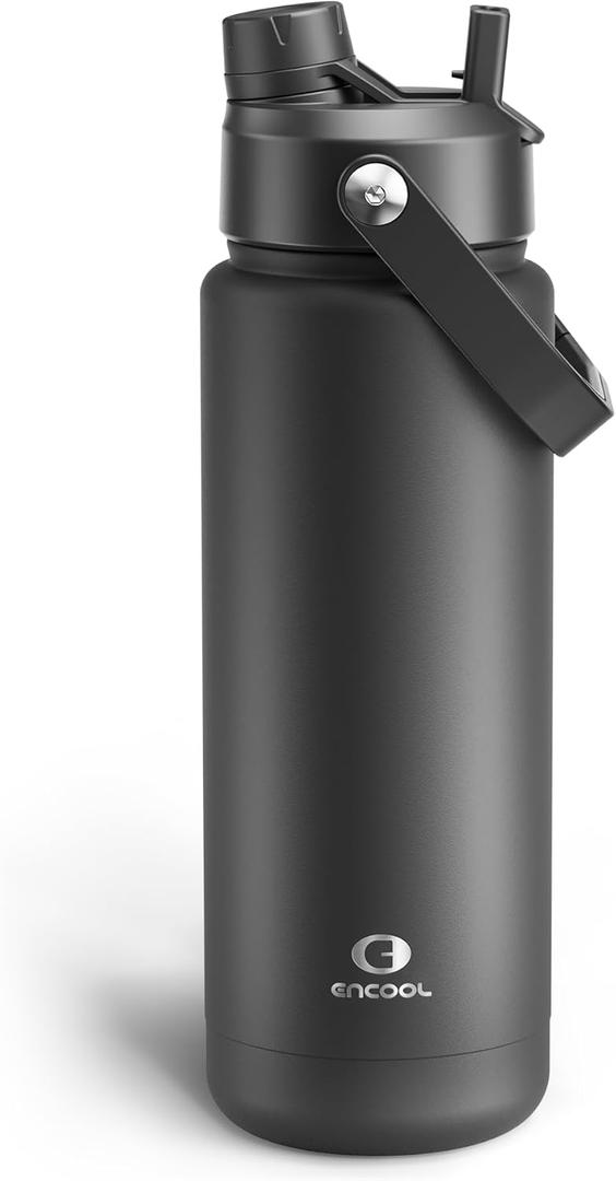 ENCOOL Insulated Water Bottle with Straw Stainless Steel Water Bottle, Leak-Proof, BPA-Free, Double Wall Vacuum Keeps Cold for 24 Hours for Sports, Travel, School (32 oz, Black Night)