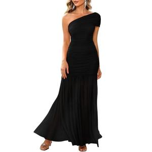 LAGSHIAN Women's Elegant Formal Long Dress One Shoulder Sleeveless Ruched Bodycon Evening Dress Black Size Large