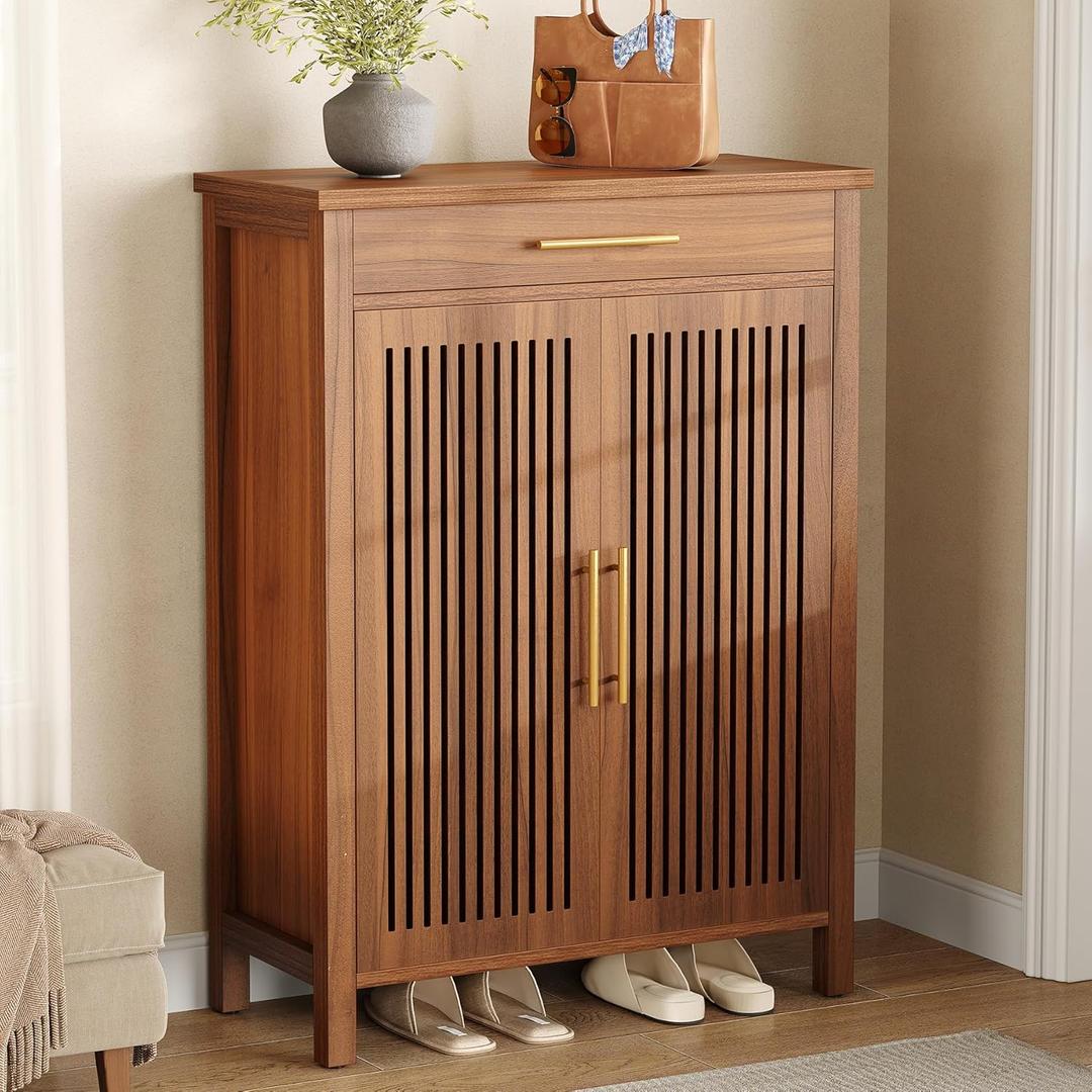 LITTLE TREE Narrow Storage Shoe Rack, 6-Tier Wooden Shoe Cabinet with Drawer, Freestanding Slim Shoe Cabinet Shoe Organizer for Entryway, Hallway, Closet, Bedroom, Living Room, Brown