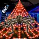 Halloween Spider Web Lights Giant Spider, 16.4Ft 450 LED Lighted Spider Web with with 8 Lighting Modes Waterproof & Timer for Indoor Outdoor House Haunted Yard Decor, Orange