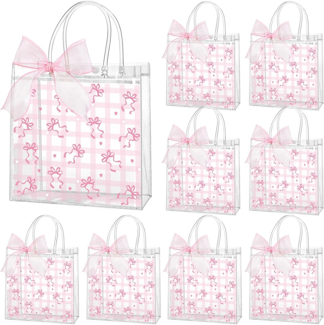 Wesnoy 24 Pcs Pink Bow Clear PVC Gift Bags with Handle Coquette Bowknot Party Favor Pink Plaid Bow Candy Treat Tote Bags for Birthday Party