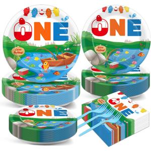50 GuestsGone Fishing Plates and Napkins Party Supplies Ofishally One Birthday Party Decorations Disposable Tableware Set The Big One Dinnerware Favor for Kids Boys Girls, 200PCS