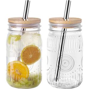 Amzcku 32oz vintage Mason Jars with Bamboo Lids and Stainless Steel Straws -Wide Mouth Quart Canning Jar, Reusable 32oz Boba & Smoothie Cups (2-Pack)