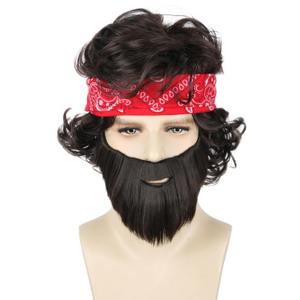 Mens Costume Wig and Fake Beard Turban Set Brown Short Curly Men Wigs for Halloween Cosplay Costume Party Funny Wigs