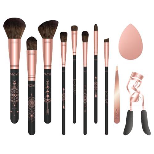 Pack Of 2 Makeup Brush Set 11Pcs with Eyelash Curler & Eyebrow Tweezers, Makeup Brushes with Eyeshadow, Foundation,Powder Puff, Highlighter, Concealer, Blusher, Powder Brush, Make up Kits for Adults