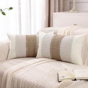 Tosleo Set of 2 Boho Decorative Pillow Covers 12x20 Inch Farmhouse Rustic Couch Throw Pillows Modern Spring Cotton Cushion Covers Retro Cute Macrame Woven Home Decor for Bed Sofa Chair,Khaki