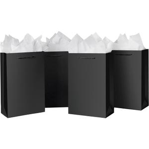 SHIPKEY 10 Pcs Luxury Black Bags with Tissue Paper, Gift Bags for Men, Groomsmen Proposal Bag 8x4x11 Kraft Paper Bag with Handles Bulk| Shopping Wrappings for Men, Groomsman