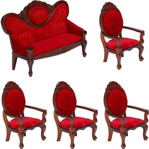 5 Pcs 1:12 Miniature Dollhouse Furniture, Include Vintage Red Wooden Carved Sofa Couch 4 Pcs Wooden Carved Single Sofa Chairs Retro Red Armchairs for Living Room Bedroom Kitchen Birthday Decoration