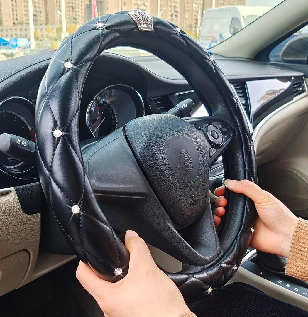 Bling Rhinestone Car Steering Wheel Cover for Women,PU Leather Crystal Diamonds Crown Steering Wheel Covers Non-Slip Universal 15"/38 cm (Crown)