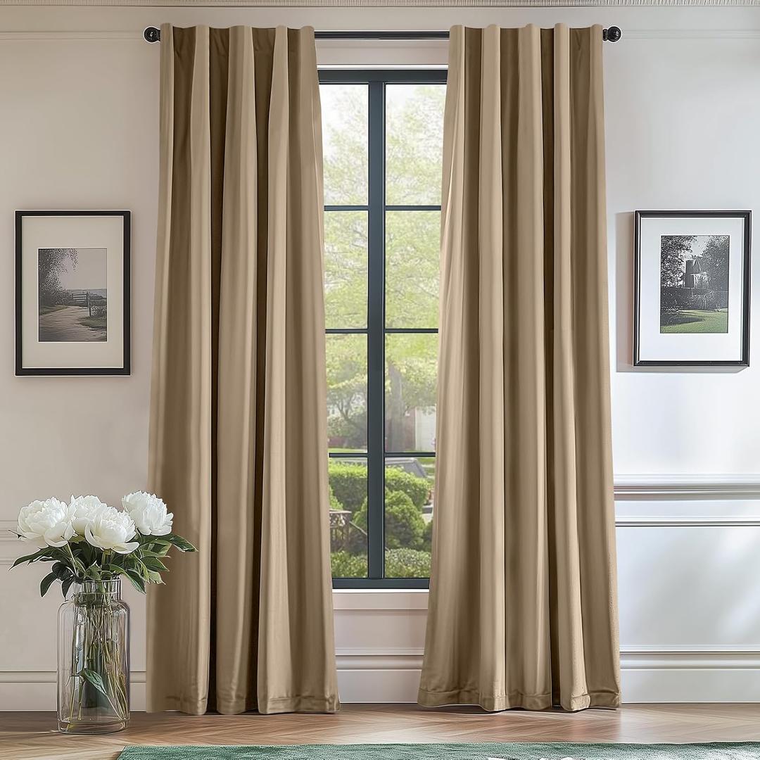 Lazzzy Curtain Beige Thermal Insulated Curtains 90 Inch Long Drapes for Bedroom Living Room Darkening Window Treatments Rod Pocket, Set of 2, Latte