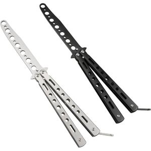 Little World Butterfly Knife - 2 Pack Butterfly Knife Trainer Practice Tool Steel Metal - Folding Unsharpened Comb for Practicing Flipping Tricks, Balisong Trainer Black & Silver