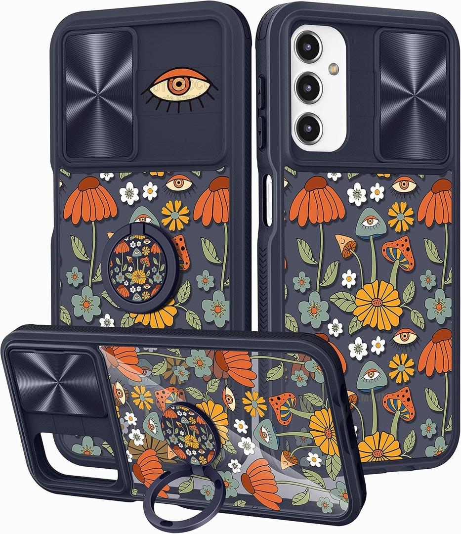 for Samsung Galaxy A14 5G Case, Cute Stylish Designer Galaxy A14 5G Phone Cases with Slide Camera Cover + Ring Holder,Mushroom Eyes Slim Protective Shockproof Hard Clear Cases for A14 5G
