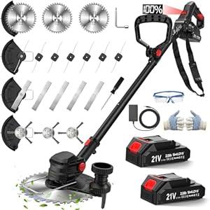 21V Cordless Weed Wacker Lawn Edger, 4.6lbs Lightweight Battery Powered String Trimmer, 4-in-1 Brush Cutter with Metal Blades, Wire Brush & Guide Wheel for Garden Edging (2 Batteries, 2.0Ah)