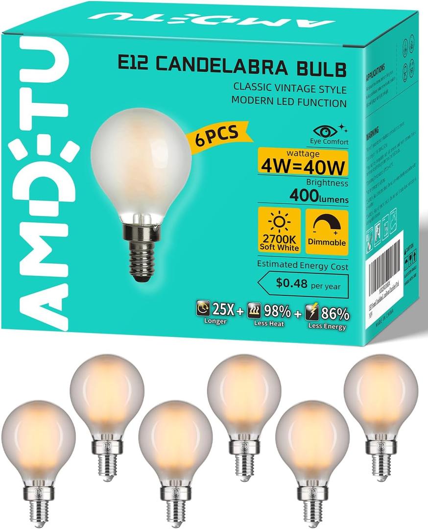 AMDTU 40W E12 Frosted Globe LED Bulbs, 2700K Warm White Dimmable Candelabra Base, Eye-Comfort Technology, Flicker-Free Decorative Lighting for Chandeliers, Dining Room, Vanity, and Bathroom Fixtures (6 Count (Pack of 1))