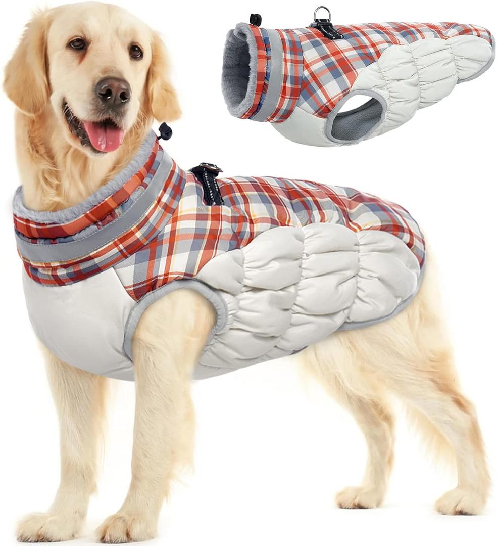 FUAMEY Dog Coat for Large Dogs,Waterproof Dog Winter Jacket with Harness Built in Puppy Cold Weather Coats Reflective Pet Vest with Zipper Warm Fleece Dogs Snowsuit Windproof Red Plaid L (L(chest:24in))