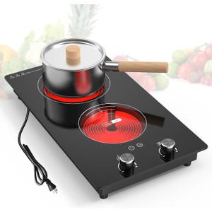 VBGK 2 Burner Electric Cooktop,3000W Built-in and Countertop Electric Stove Top Burner with 9 Heating Level, Timer & Kid Safety Lock, LED Knob Control 220V Plug (Electric Cooktop 2 Burner)