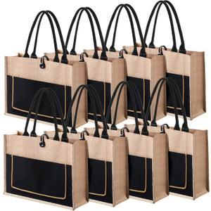 Reginary 8 Pack Burlap Tote Bags Bulk Large Jute Tote with Handles Reusable Canvas Gift Bags for Wedding Travel (Black)