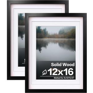 Egofine 12x16 Picture Frames Black Set of 2, Solid Wood Frames Covered by plexiglass, Display photos 9x12/11x14 with Mat or 12x16 without mat, for Wall Mounting