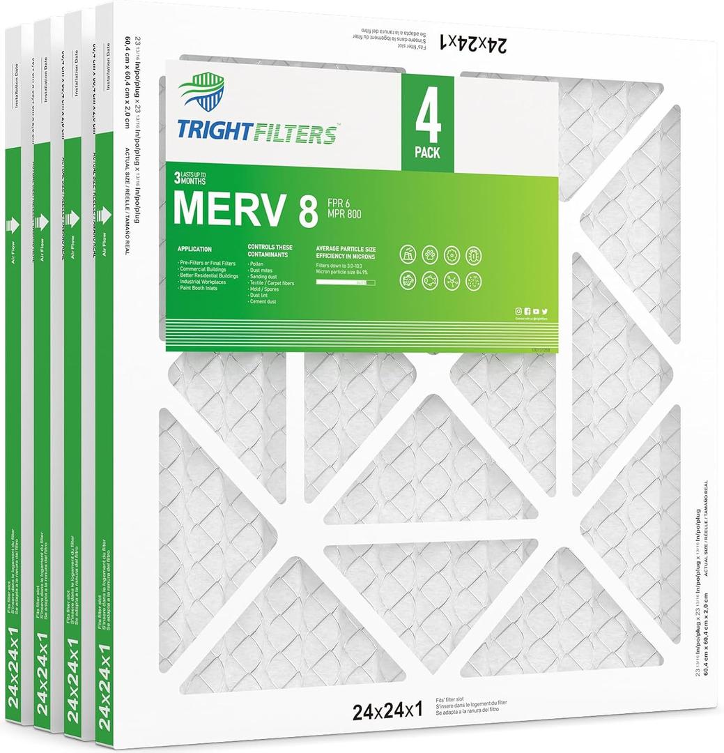 TRIGHTFILTERS 24x24x1 Air Filter 4 Pack, MERV 8 Pleated Dust Defense Air Filters Replacement Air Conditioner HVAC AC Furnace Filter, Durable and Lightweight