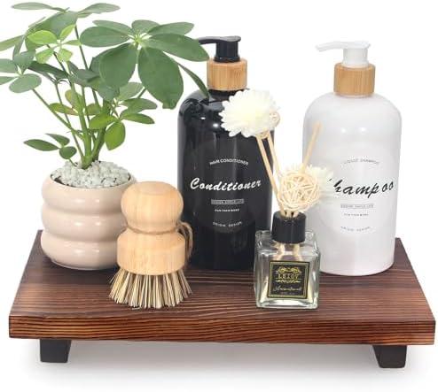 Wooden Bathroom Counter Tray Organizer Kitchen Soap Sink Trays Decor Farmhouse Wood Risers Modern Dish Soap Dispenser Holder Pedestal Stand Bathroom Vanity Accessories Countertop Decorative Tray 12x6x9In