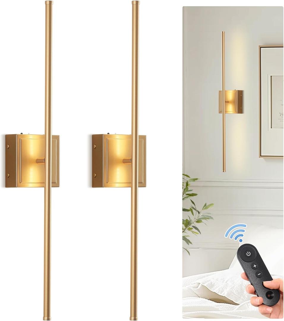 DORESshop Battery Operated Wall Sconces Set of 2, Dimmable Battery Wall Sconce with Remote Control, Gold 350Rotate Rechargeable Sconces, 28.1 Inch Wireless Wall Lights for Bedroom, Living Room