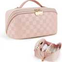 Prite Makeup Bag for Women Travel Waterproof Vegan Leather Cosmetic Bag Open Flat Toiletry Bag With Clear Divider and Handle (Plaid Pink, Medium)