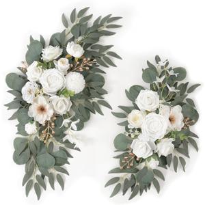 Faux Arch Flowers Swag Set of 2 for Wedding Signs Reception Ceremony and Welcome Sign Floral Decoration (White)