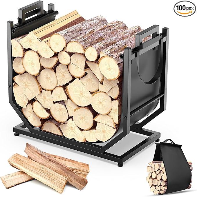 YENGOTH Firewood Rack, Indoor/Outdoor Firewood Holder with Firewood Carrier Bag, 25 Inch Thickened Metal Fireplace Log Holder with Adjustable Feet, Black